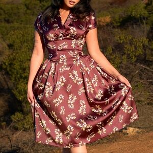 Pinup Couture Burgundy Floral Satin Fit-and-Flare Dress